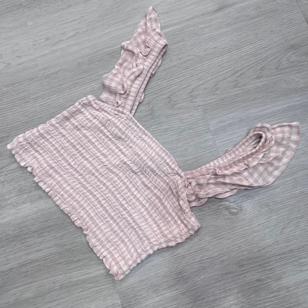 Altar'd State Pink Gingham Smocked Ruffle Strap Crop Tank Top XS